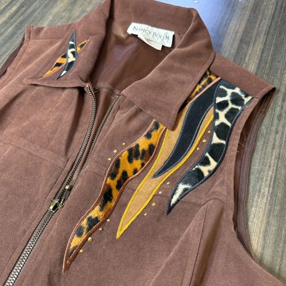 Vintage City Girl Vest Brown Faux Suede Animal Print‎ Embellished Sleeveless